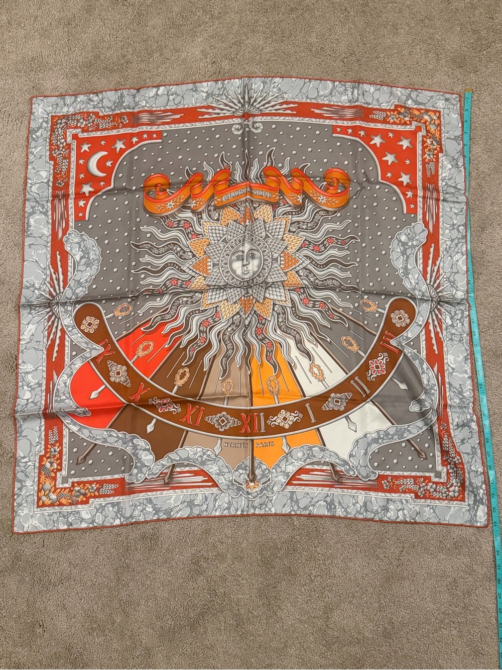 Hermes Gloria Soli Silk Scarf 90 Grey Orange Sundial Sun Face